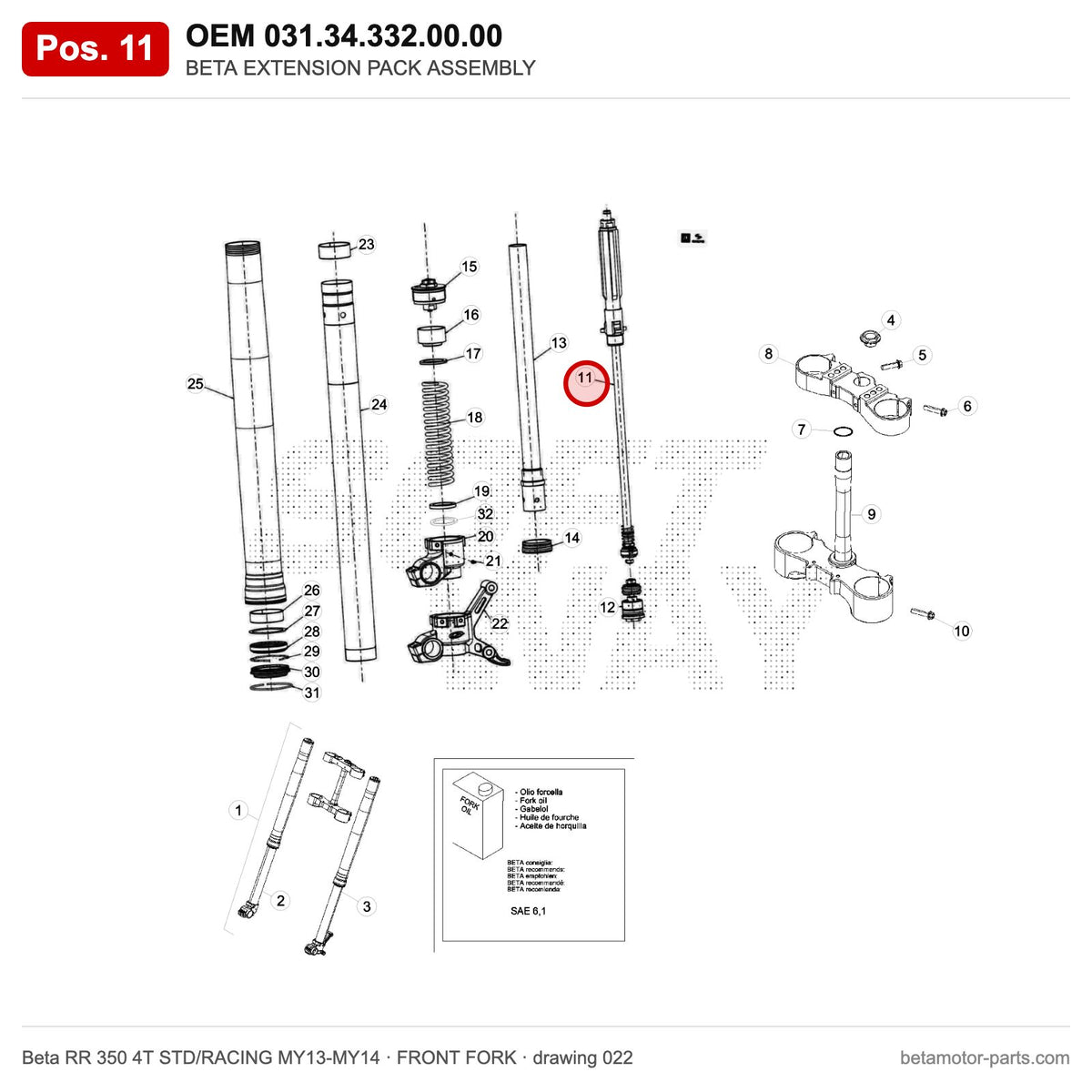 BETA EXTENSION PACK ASSEMBLY – OEM 031.34.332.00.00, position 11 on the Beta RR 350 4T STD/RACING MY13-MY14 front fork drawing