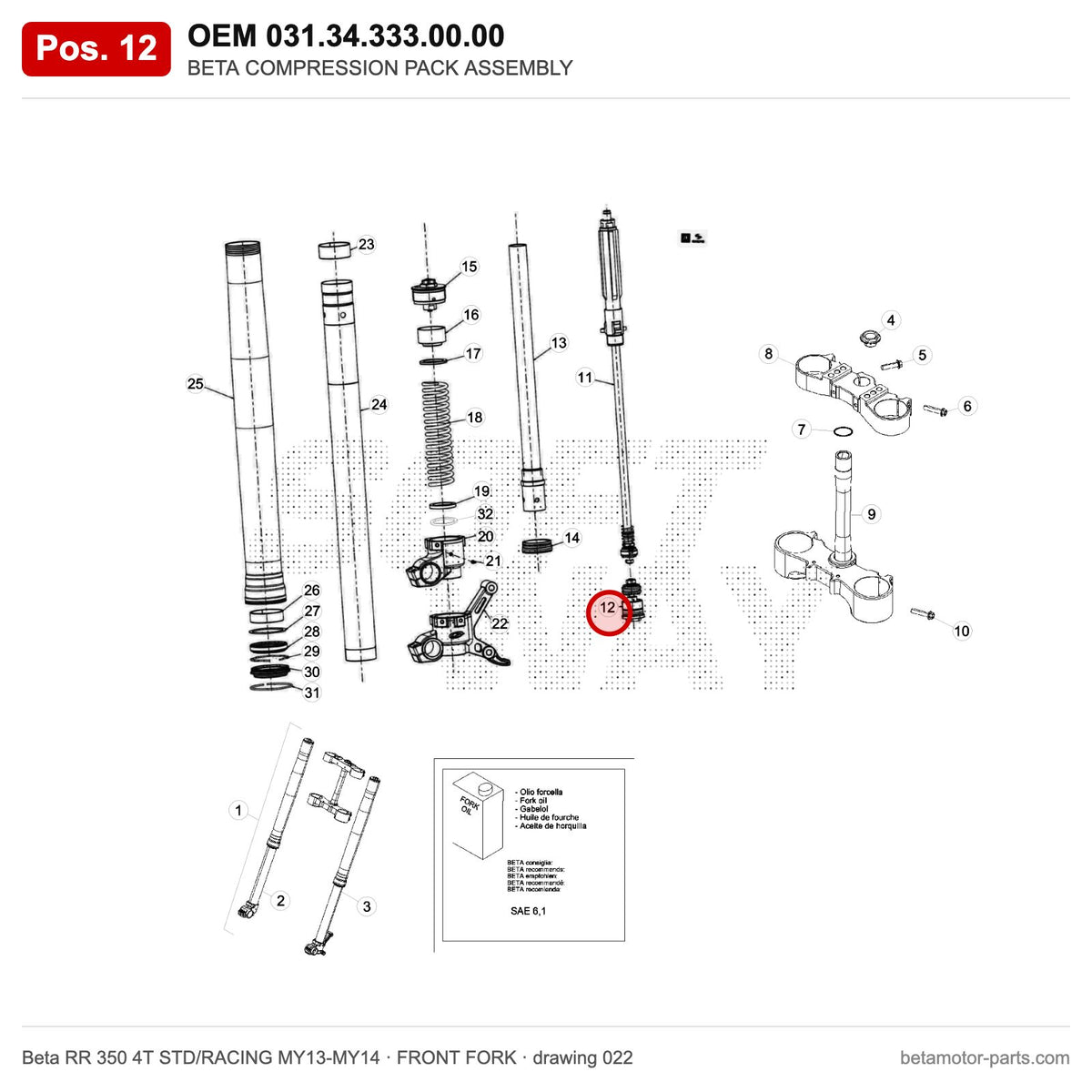 BETA COMPRESSION PACK ASSEMBLY – OEM 031.34.333.00.00, position 12 on the Beta RR 350 4T STD/RACING MY13-MY14 front fork drawing