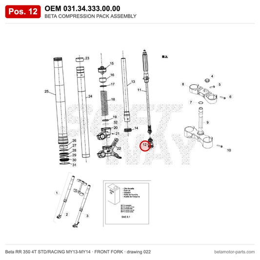 BETA COMPRESSION PACK ASSEMBLY – OEM 031.34.333.00.00, position 12 on the Beta RR 350 4T STD/RACING MY13-MY14 front fork drawing