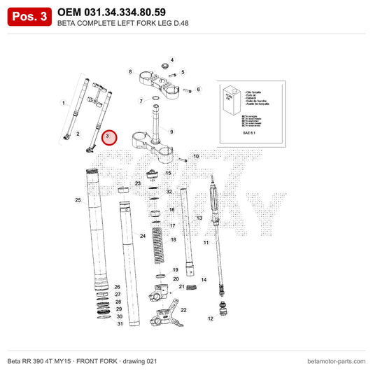 BETA COMPLETE LEFT FORK LEG D.48 – OEM 031.34.334.80.59, position 3 on the Beta RR 390 4T MY15 front fork drawing