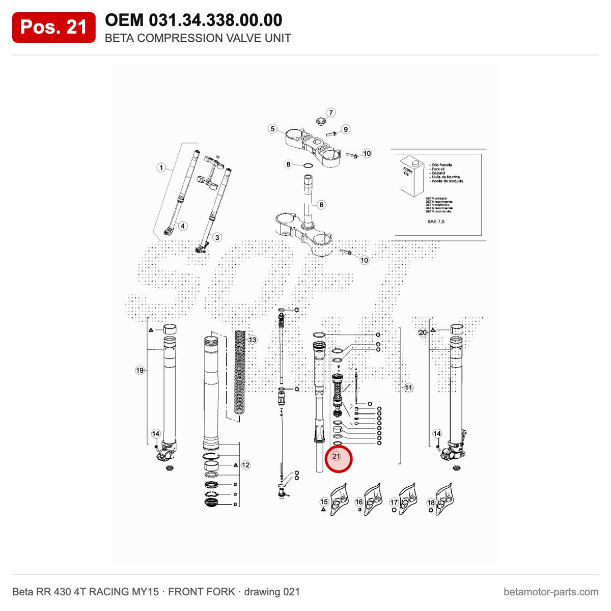 BETA COMPRESSION VALVE UNIT – OEM 031.34.338.00.00, position 21 on the Beta RR 430 4T RACING MY15 front fork drawing