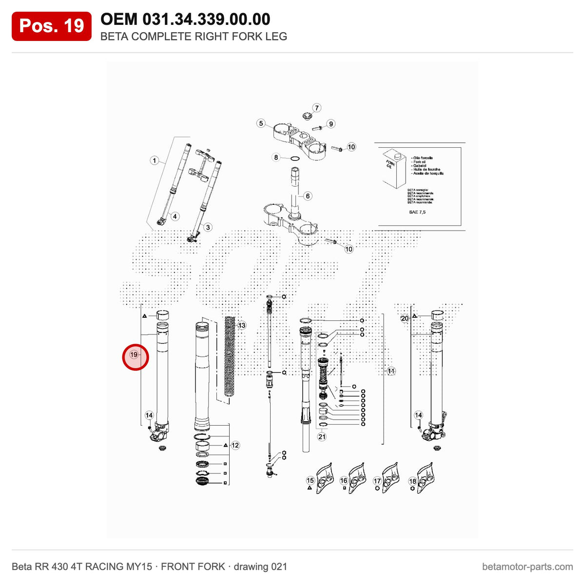 BETA COMPLETE RIGHT FORK LEG – OEM 031.34.339.00.00, position 19 on the Beta RR 430 4T RACING MY15 front fork drawing