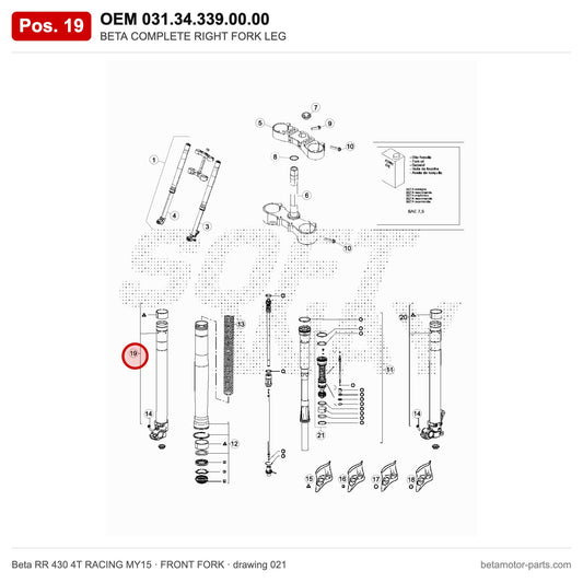 BETA COMPLETE RIGHT FORK LEG – OEM 031.34.339.00.00, position 19 on the Beta RR 430 4T RACING MY15 front fork drawing