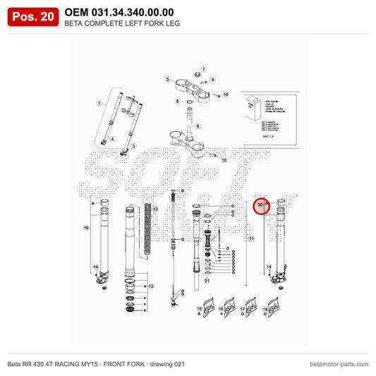 BETA COMPLETE LEFT FORK LEG – OEM 031.34.340.00.00, position 20 on the Beta RR 430 4T RACING MY15 front fork drawing