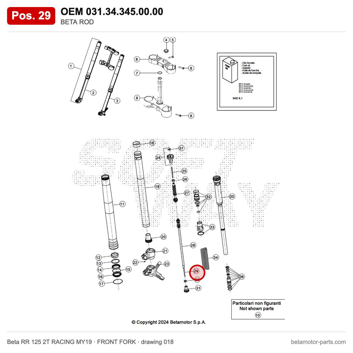 BETA ROD – OEM 031.34.345.00.00, position 29 on the Beta RR 125 2T RACING MY19 front fork drawing
