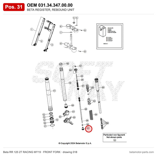 BETA REGISTER, REBOUND UNIT – OEM 031.34.347.00.00, position 31 on the Beta RR 125 2T RACING MY19 front fork drawing