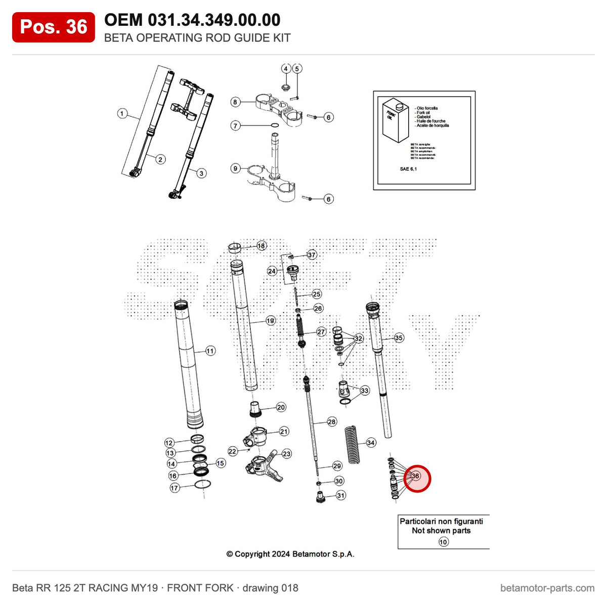 BETA OPERATING ROD GUIDE KIT – OEM 031.34.349.00.00, position 36 on the Beta RR 125 2T RACING MY19 front fork drawing