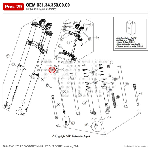 BETA PLUNGER ASSY – OEM 031.34.350.00.00, position 29 on the Beta EVO 125 2T FACTORY MY24 front fork drawing