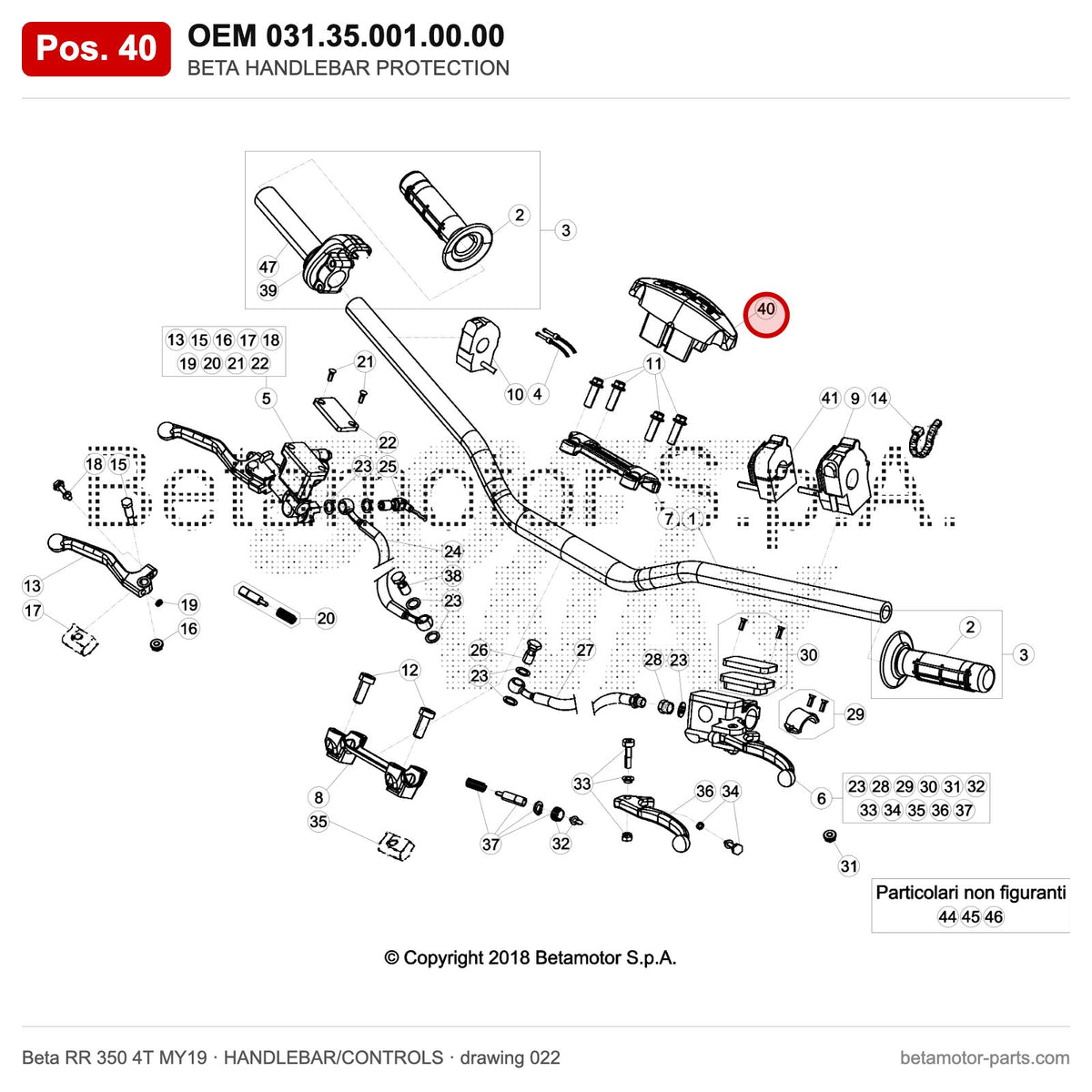 BETA HANDLEBAR PROTECTION – OEM 031.35.001.00.00, position 40 on the Beta RR 350 4T MY19 handlebar/controls drawing