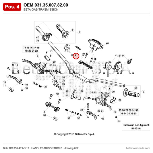 BETA GAS TRASMISSION – OEM 031.35.007.82.00, position 4 on the Beta RR 350 4T MY19 handlebar/controls drawing