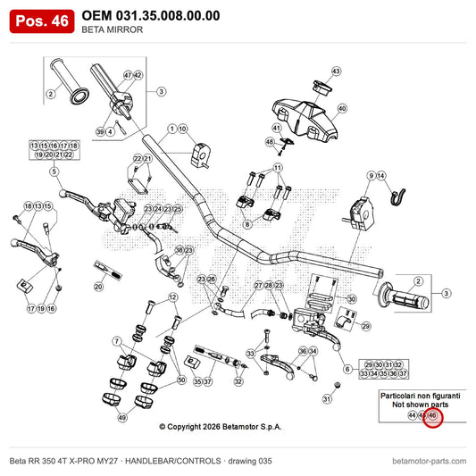 BETA MIRROR – OEM 031.35.008.00.00, position 46 on the Beta RR 350 4T X-PRO MY27 handlebar/controls drawing