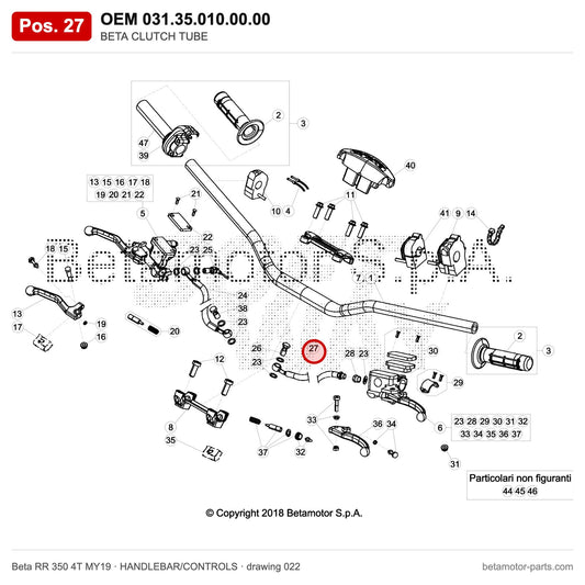 BETA CLUTCH TUBE – OEM 031.35.010.00.00, position 27 on the Beta RR 350 4T MY19 handlebar/controls drawing