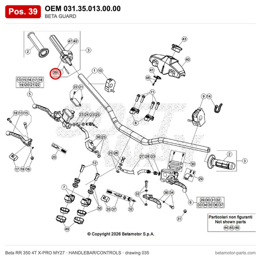 BETA GUARD – OEM 031.35.013.00.00, position 39 on the Beta RR 350 4T X-PRO MY27 handlebar/controls drawing