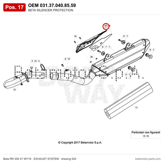 BETA SILENCER PROTECTION – OEM 031.37.040.85.59, position 17 on the Beta RR 350 4T MY19 exhaust system drawing