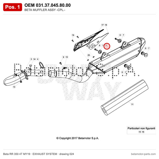 BETA MUFFLER ASSY -CPL.- – OEM 031.37.045.80.00, position 1 on the Beta RR 350 4T MY19 exhaust system drawing