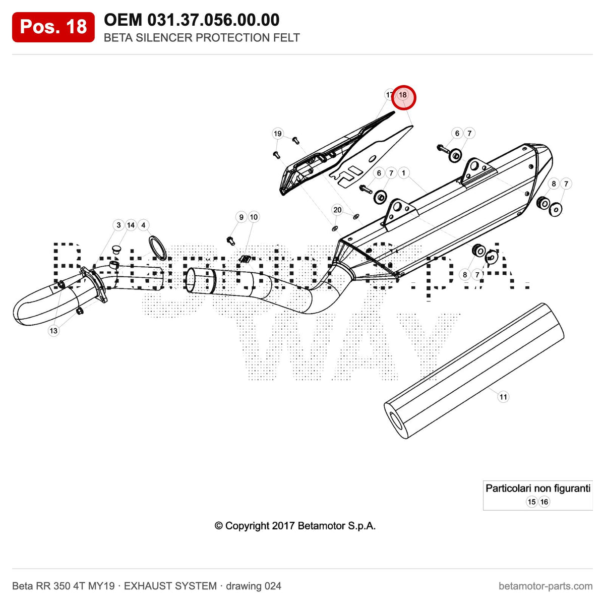BETA SILENCER PROTECTION FELT – OEM 031.37.056.00.00, position 18 on the Beta RR 350 4T MY19 exhaust system drawing