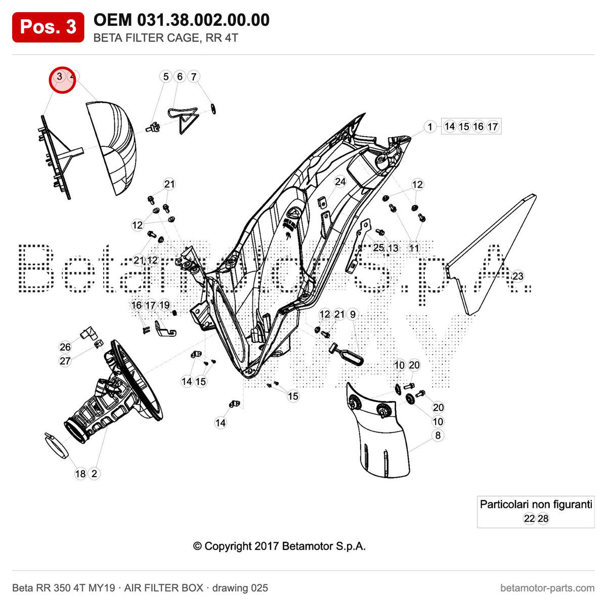 BETA FILTER CAGE, RR 4T – OEM 031.38.002.00.00, position 3 on the Beta RR 350 4T MY19 air filter box drawing