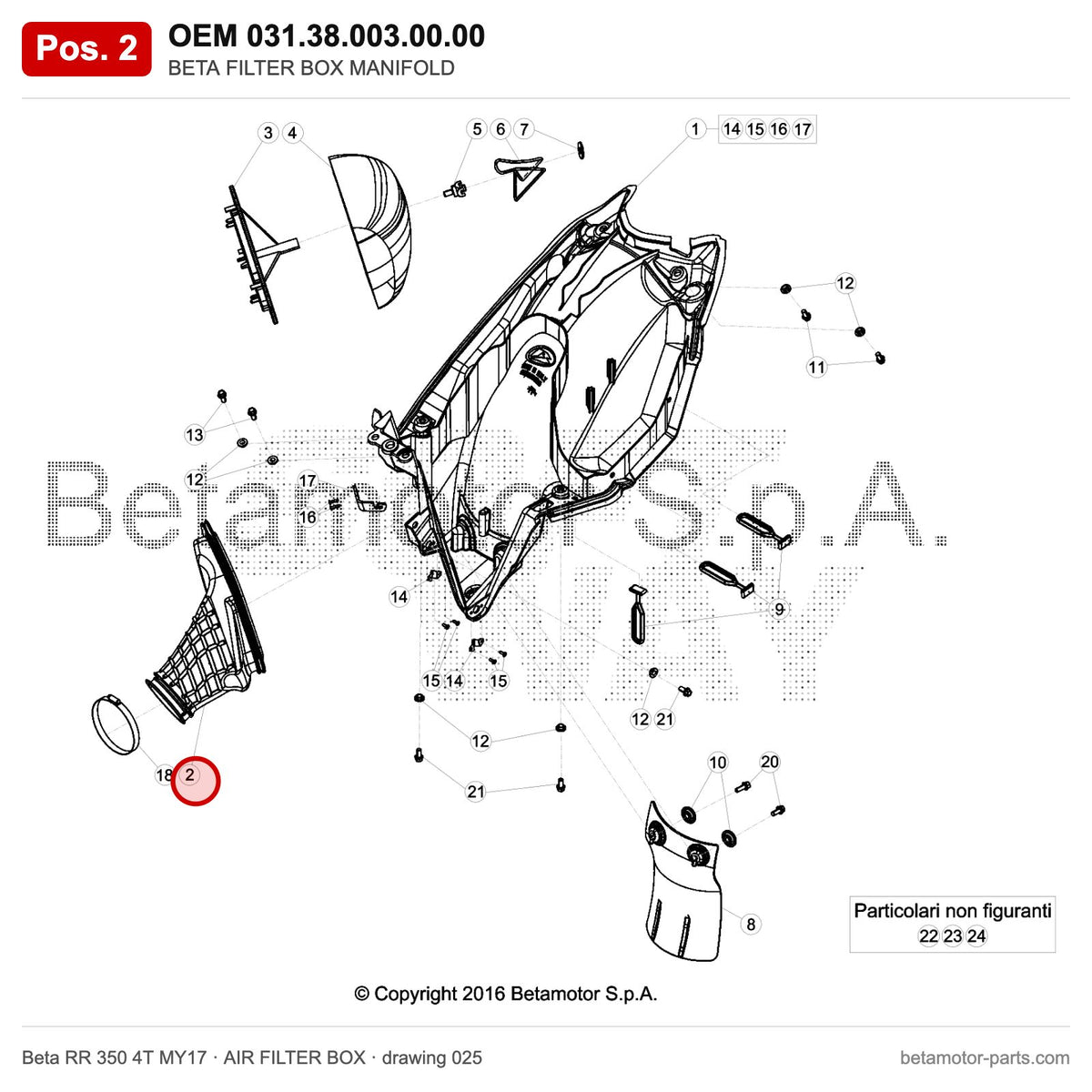 BETA FILTER BOX MANIFOLD – OEM 031.38.003.00.00, position 2 on the Beta RR 350 4T MY17 air filter box drawing