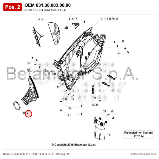 BETA FILTER BOX MANIFOLD – OEM 031.38.003.00.00, position 2 on the Beta RR 350 4T MY17 air filter box drawing