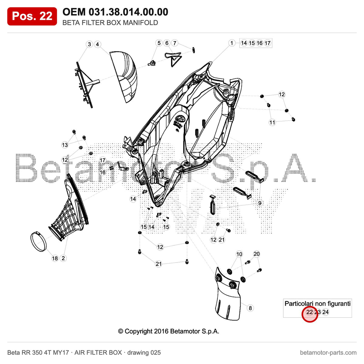 BETA FILTER BOX MANIFOLD – OEM 031.38.014.00.00, position 22 on the Beta RR 350 4T MY17 air filter box drawing