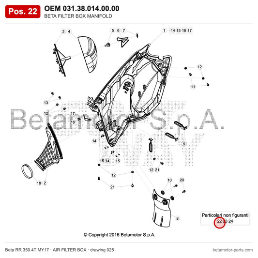 BETA FILTER BOX MANIFOLD – OEM 031.38.014.00.00, position 22 on the Beta RR 350 4T MY17 air filter box drawing