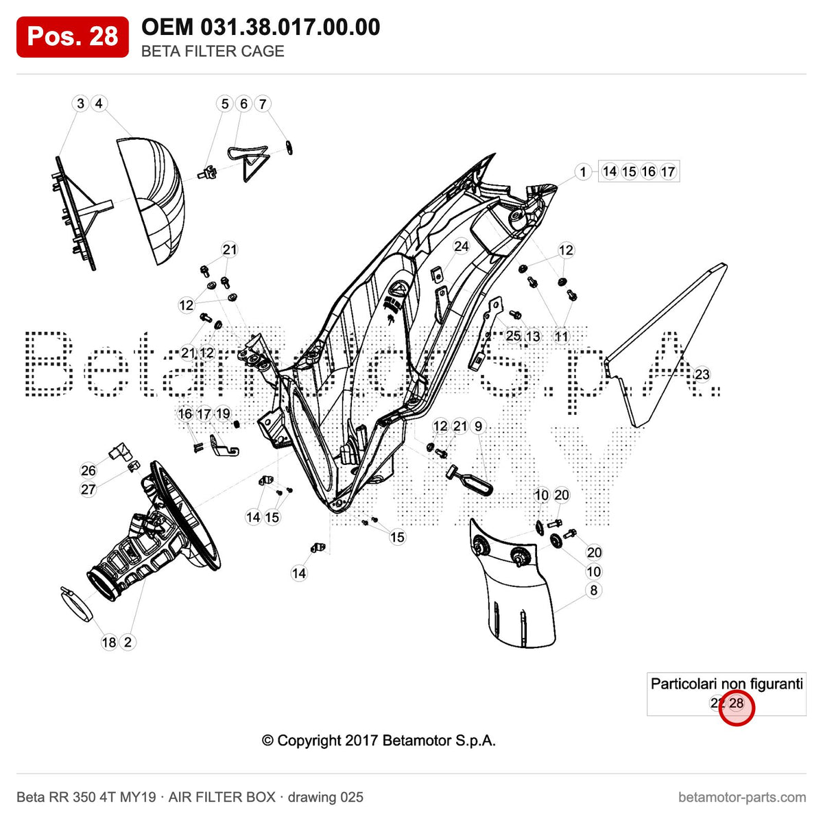 BETA FILTER CAGE – OEM 031.38.017.00.00, position 28 on the Beta RR 350 4T MY19 air filter box drawing