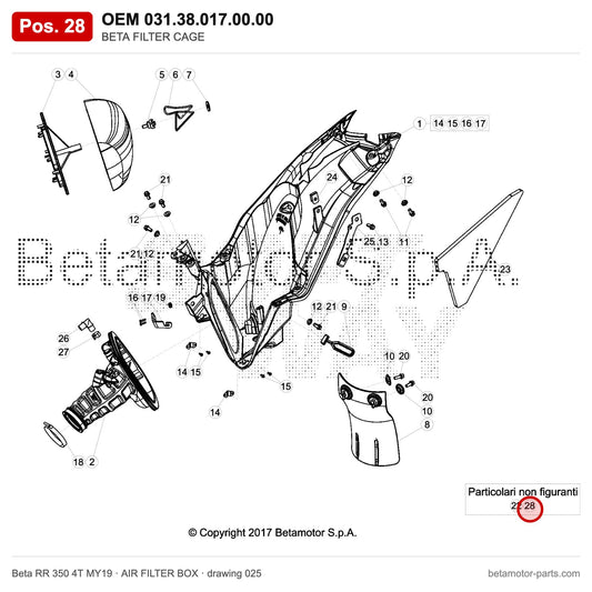 BETA FILTER CAGE – OEM 031.38.017.00.00, position 28 on the Beta RR 350 4T MY19 air filter box drawing