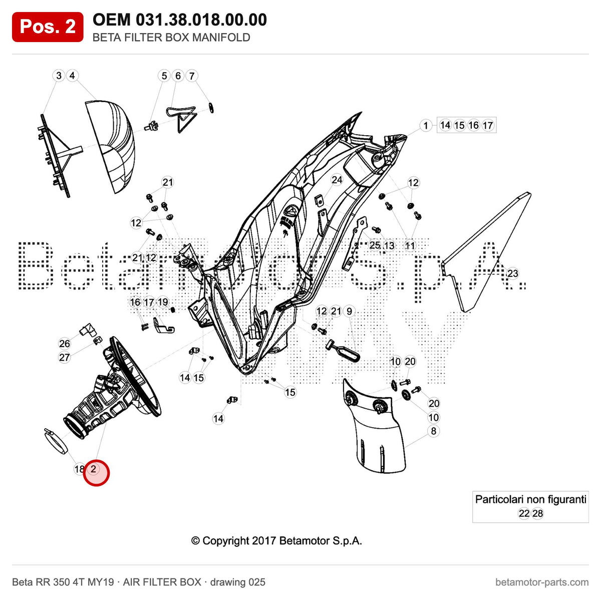 BETA FILTER BOX MANIFOLD – OEM 031.38.018.00.00, position 2 on the Beta RR 350 4T MY19 air filter box drawing