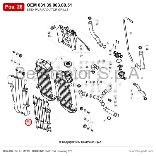 BETA PAIR RADIATOR GRILLS – OEM 031.39.003.00.51, position 26 on the Beta RR 350 4T MY19 cooling system drawing
