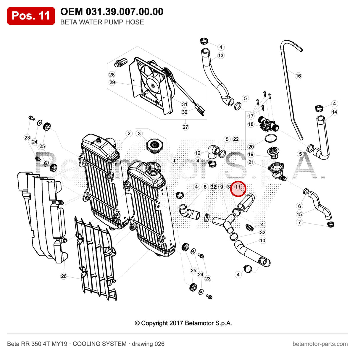 BETA WATER PUMP HOSE – OEM 031.39.007.00.00, position 11 on the Beta RR 350 4T MY19 cooling system drawing