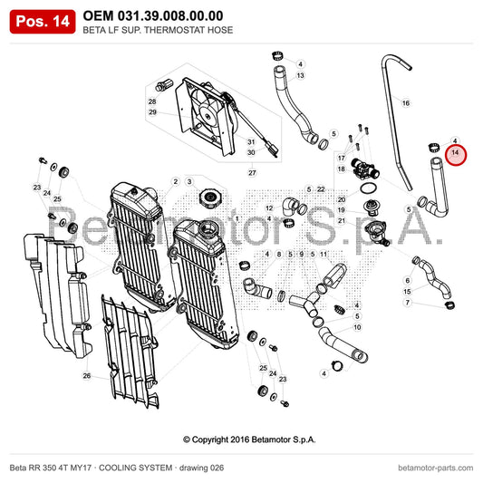 BETA LF SUP. THERMOSTAT HOSE – OEM 031.39.008.00.00, position 14 on the Beta RR 350 4T MY17 cooling system drawing