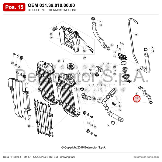 BETA LF INF. THERMOSTAT HOSE – OEM 031.39.010.00.00, position 15 on the Beta RR 350 4T MY17 cooling system drawing