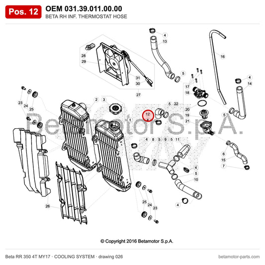 BETA RH INF. THERMOSTAT HOSE – OEM 031.39.011.00.00, position 12 on the Beta RR 350 4T MY17 cooling system drawing