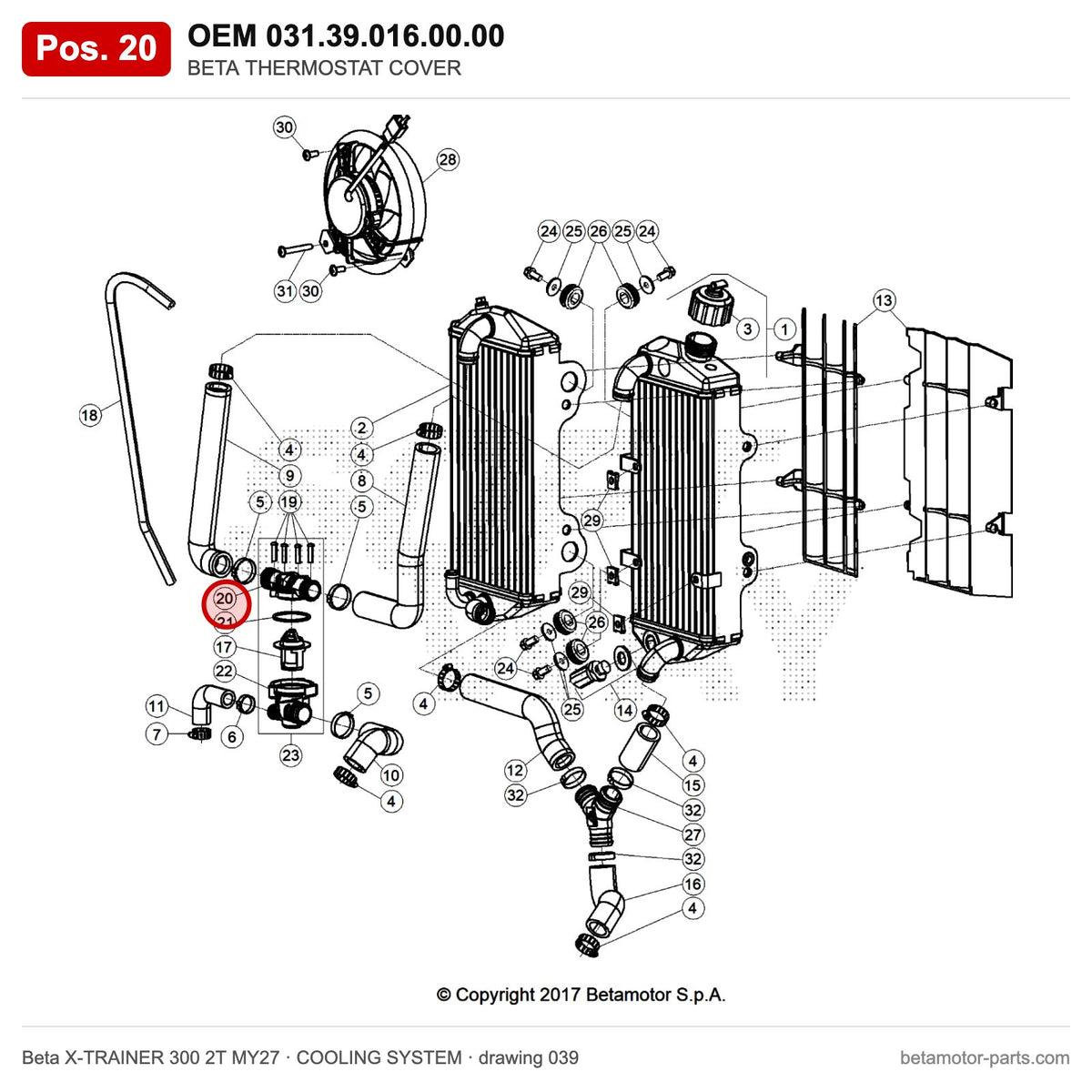 BETA THERMOSTAT COVER – OEM 031.39.016.00.00, position 20 on the Beta X-TRAINER 300 2T MY27 cooling system drawing