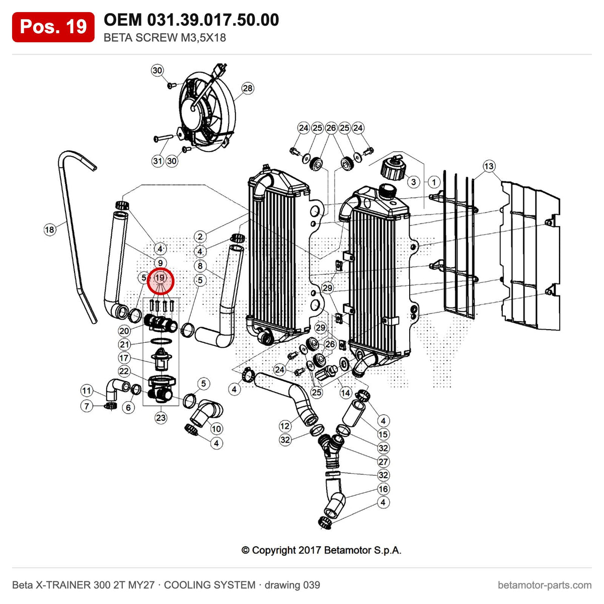 BETA SCREW M3,5X18 – OEM 031.39.017.50.00, position 19 on the Beta X-TRAINER 300 2T MY27 cooling system drawing