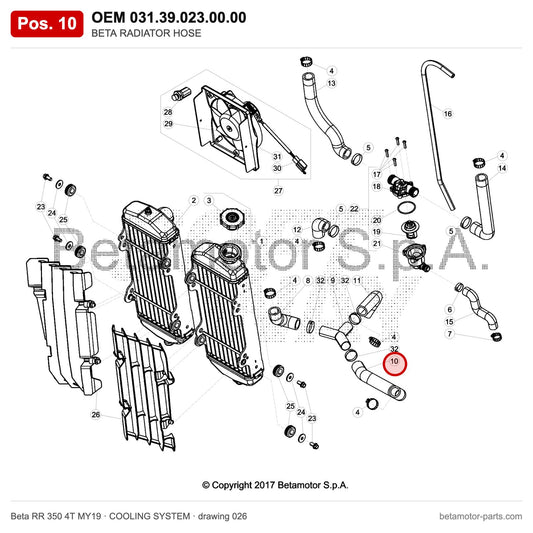 BETA RADIATOR HOSE – OEM 031.39.023.00.00, position 10 on the Beta RR 350 4T MY19 cooling system drawing
