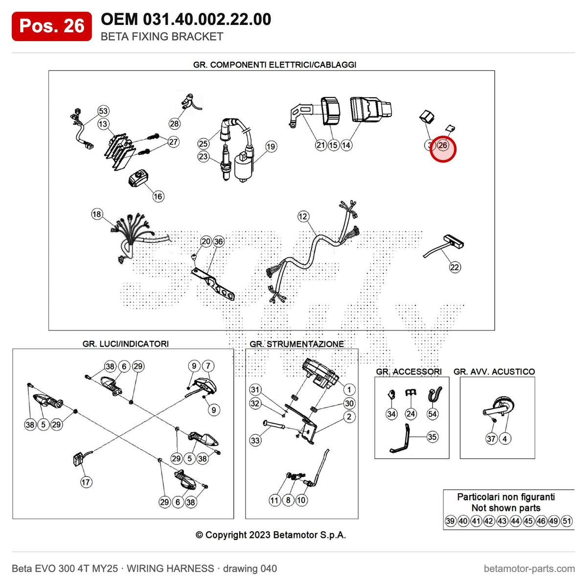 BETA FIXING BRACKET – OEM 031.40.002.22.00, position 26 on the Beta EVO 300 4T MY25 wiring harness drawing