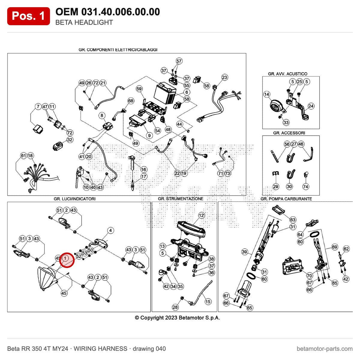 BETA HEADLIGHT – OEM 031.40.006.00.00, position 1 on the Beta RR 350 4T MY24 wiring harness drawing