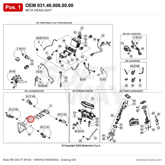 BETA HEADLIGHT – OEM 031.40.006.00.00, position 1 on the Beta RR 350 4T MY24 wiring harness drawing