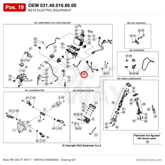BETA ELECTRIC EQUIPMENT – OEM 031.40.010.80.00, position 19 on the Beta RR 350 4T MY17 wiring harness drawing