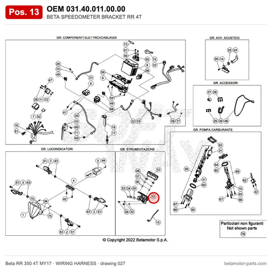 BETA SPEEDOMETER BRACKET RR 4T – OEM 031.40.011.00.00, position 13 on the Beta RR 350 4T MY17 wiring harness drawing
