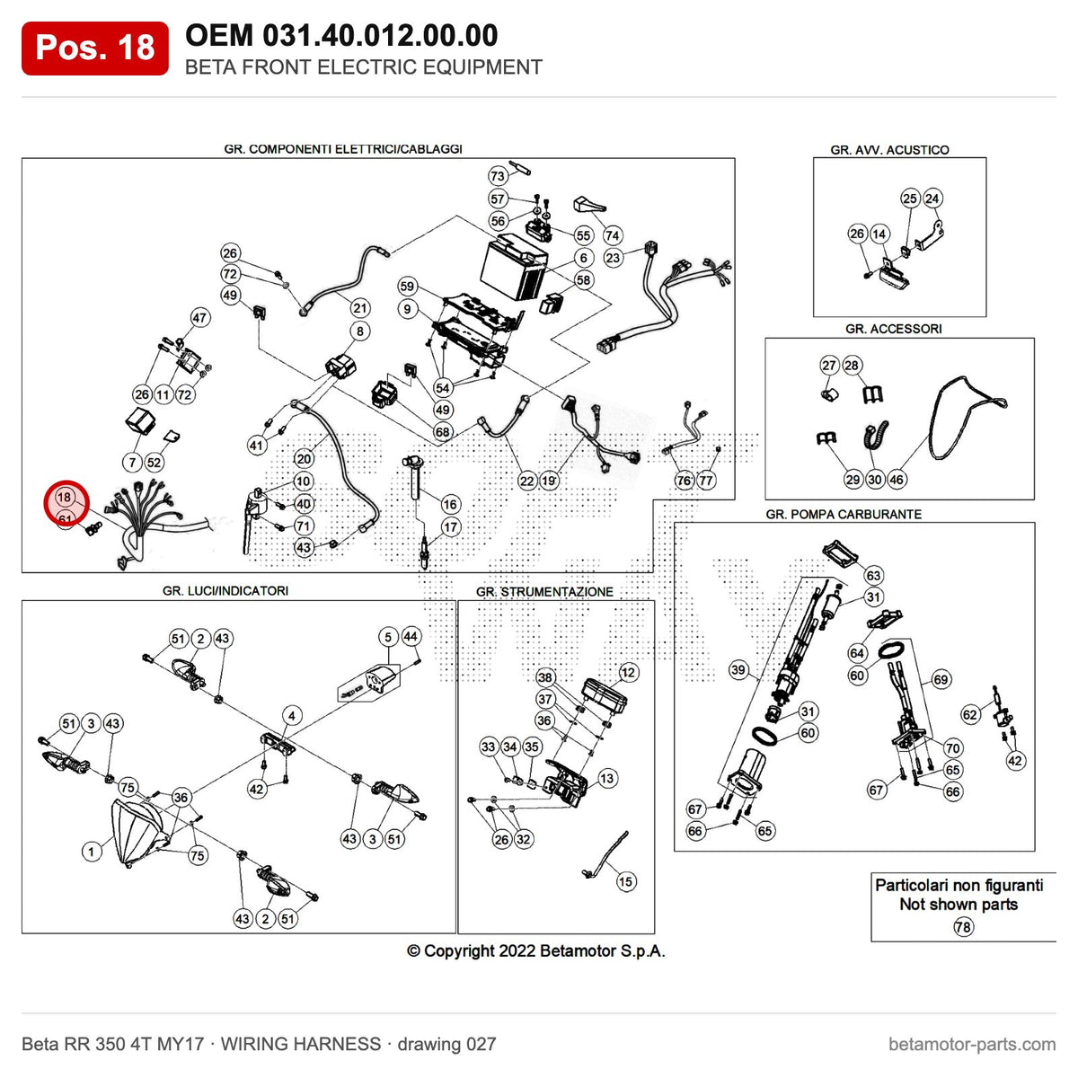 BETA FRONT ELECTRIC EQUIPMENT – OEM 031.40.012.00.00, position 18 on the Beta RR 350 4T MY17 wiring harness drawing