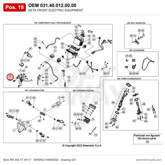 BETA FRONT ELECTRIC EQUIPMENT – OEM 031.40.012.00.00, position 18 on the Beta RR 350 4T MY17 wiring harness drawing