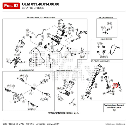 BETA FUEL PROBE – OEM 031.40.014.00.00, position 62 on the Beta RR 350 4T MY17 wiring harness drawing