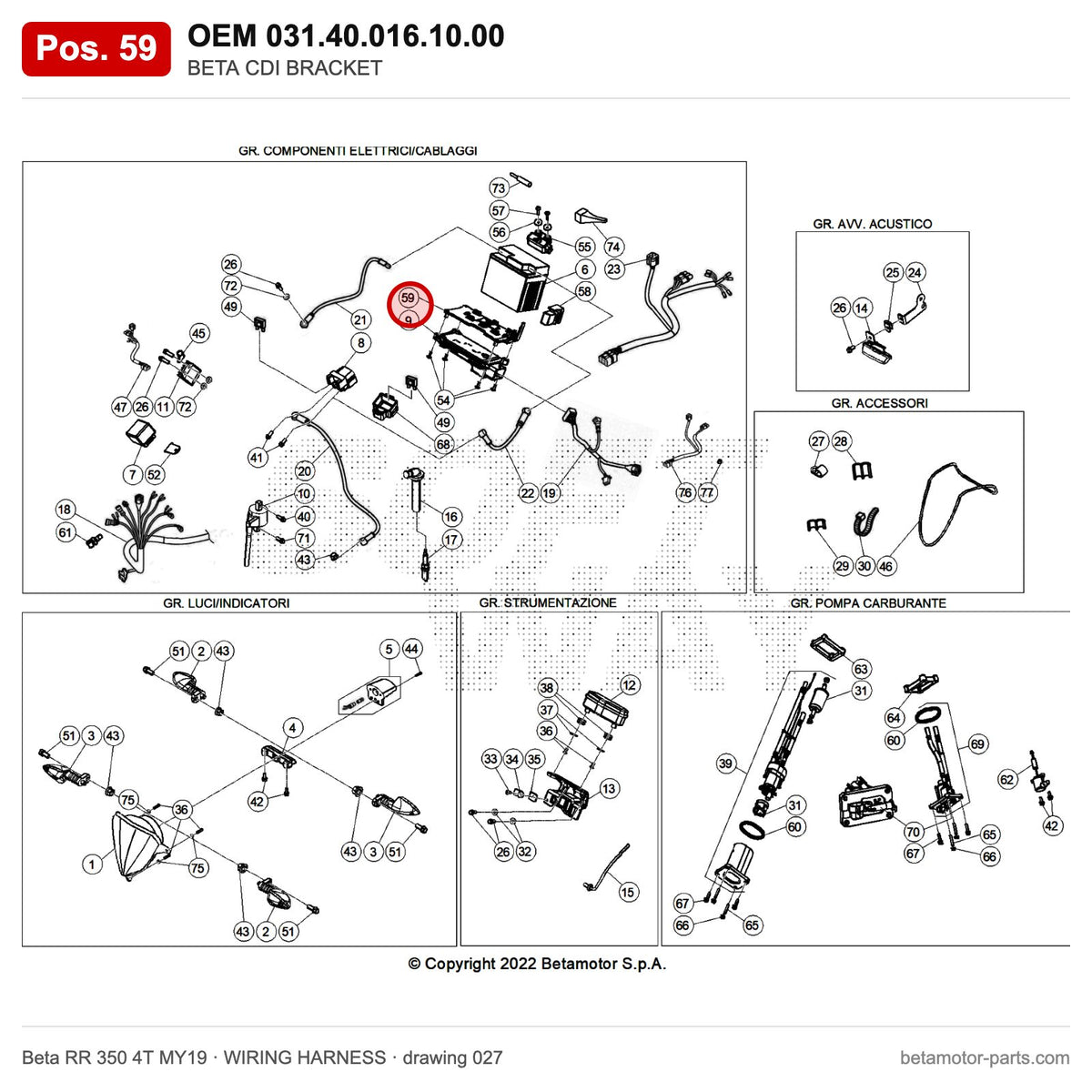 BETA CDI BRACKET – OEM 031.40.016.10.00, position 59 on the Beta RR 350 4T MY19 wiring harness drawing