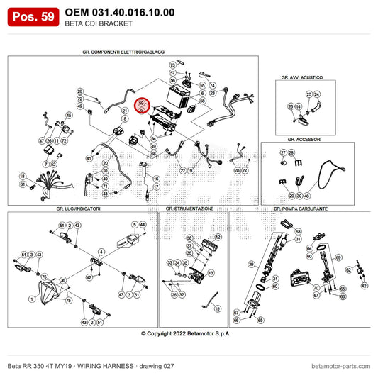 BETA CDI BRACKET – OEM 031.40.016.10.00, position 59 on the Beta RR 350 4T MY19 wiring harness drawing