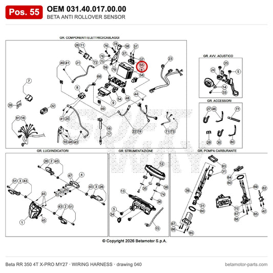 BETA ANTI ROLLOVER SENSOR – OEM 031.40.017.00.00, position 55 on the Beta RR 350 4T X-PRO MY27 wiring harness drawing