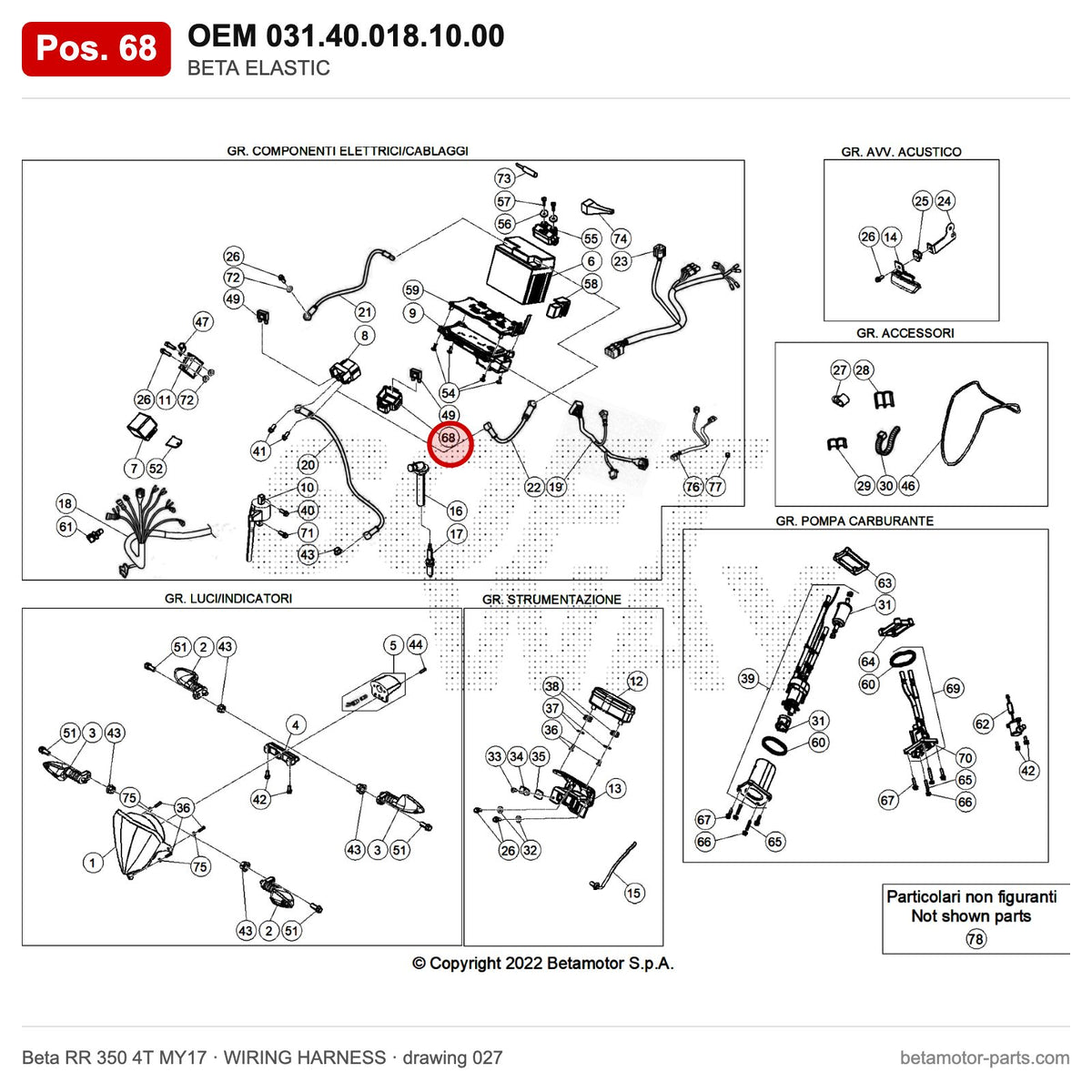 BETA ELASTIC – OEM 031.40.018.10.00, position 68 on the Beta RR 350 4T MY17 wiring harness drawing