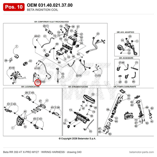 BETA INGNITION COIL – OEM 031.40.021.37.00, position 10 on the Beta RR 350 4T X-PRO MY27 wiring harness drawing