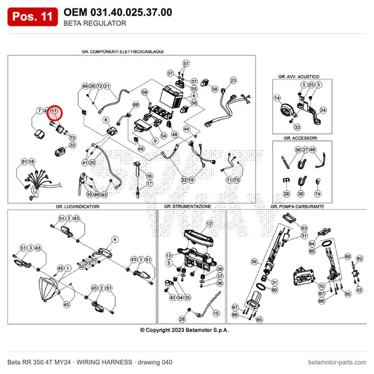 BETA REGULATOR – OEM 031.40.025.37.00, position 11 on the Beta RR 350 4T MY24 wiring harness drawing